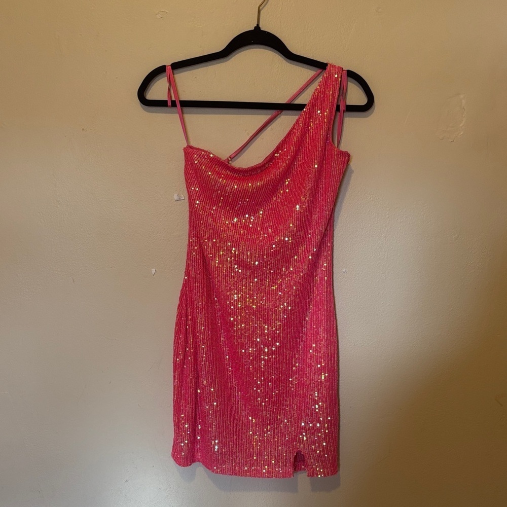 Jump One-Shoulder Pink Sequin Dress